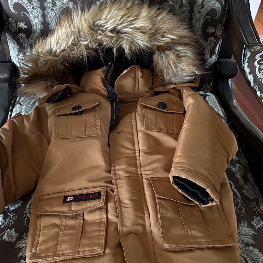 Children's Tan Puffer Jacket with Faux Fur Hood